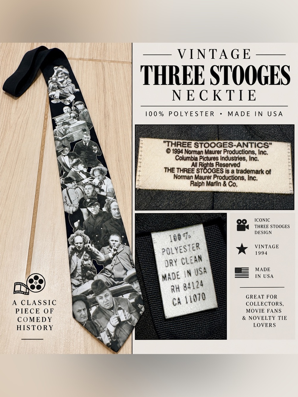 Ralph Marlin Black & White Three Stooges Graphic Necktie